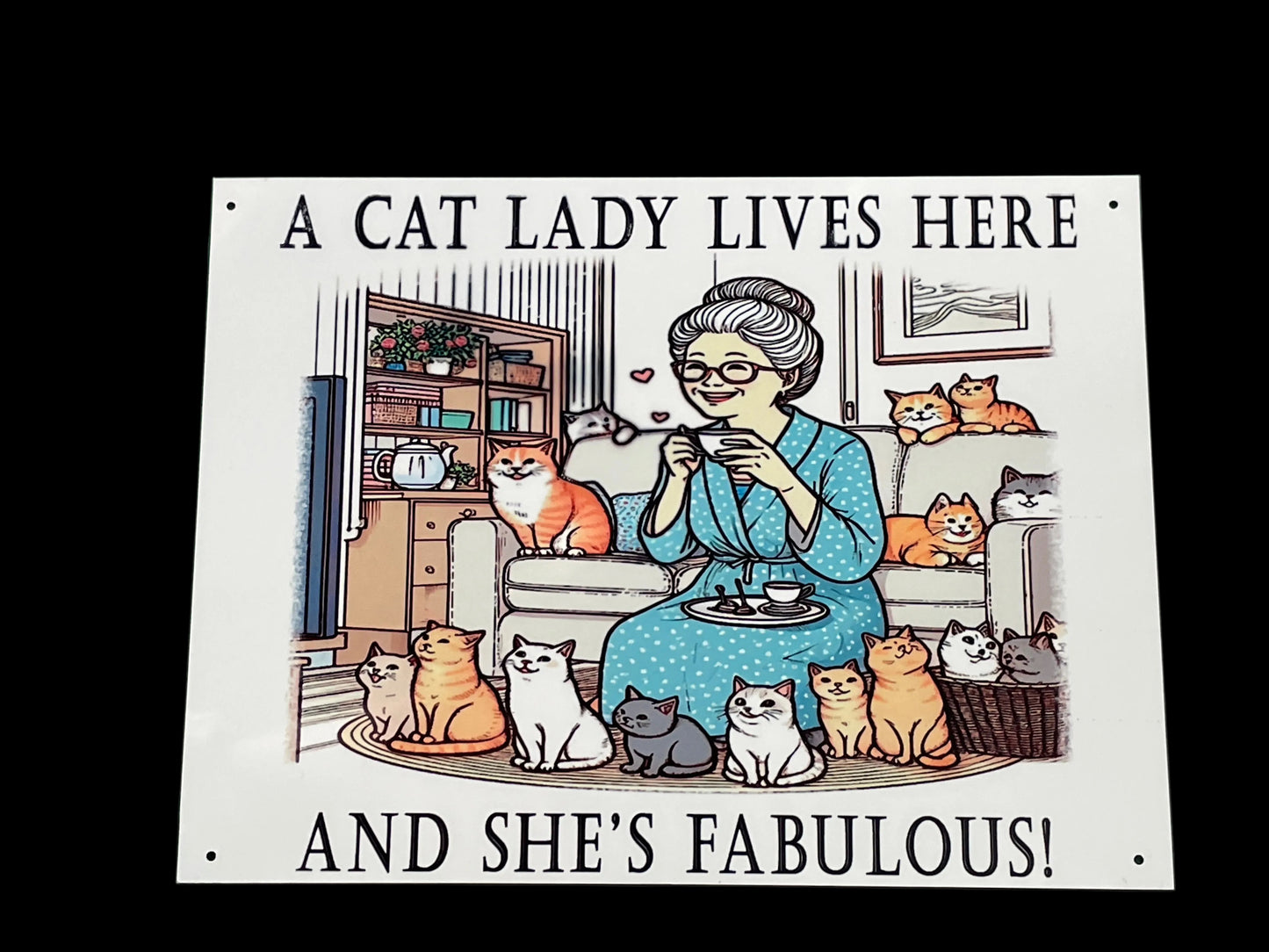 A cat lady surrounded by cats in a cozy room