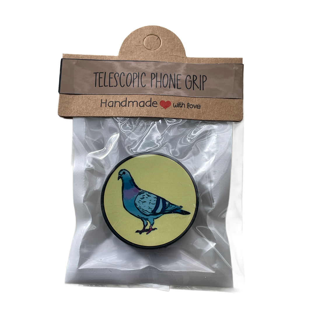 Telescopic phone grip with bird design packaging on a white background