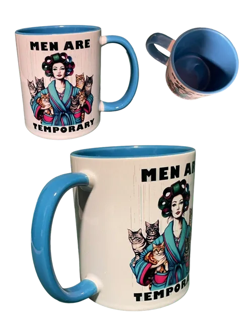 Mug with a design of a woman with cats and text 'Men are temporary' on a white background.