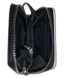 Black faux leather wallet inside with a zippered compartment and card slots on a white background