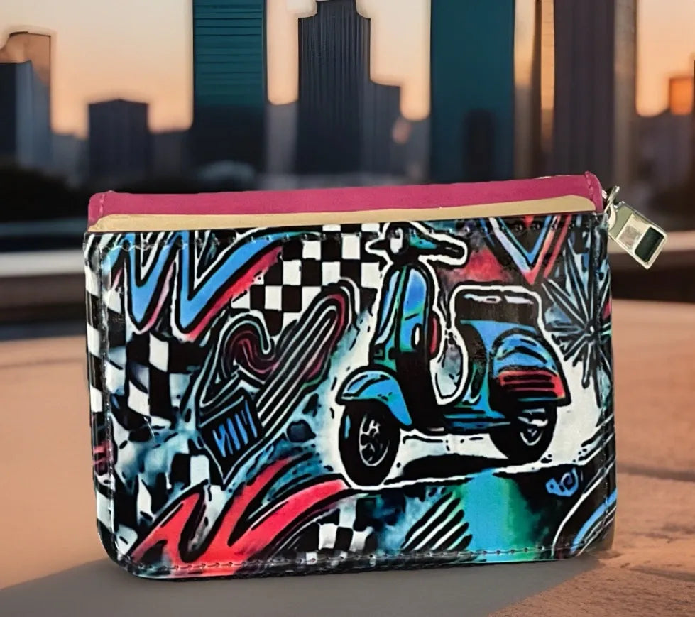 Scooter Moped Pink Coin Purse with Wrist Strap