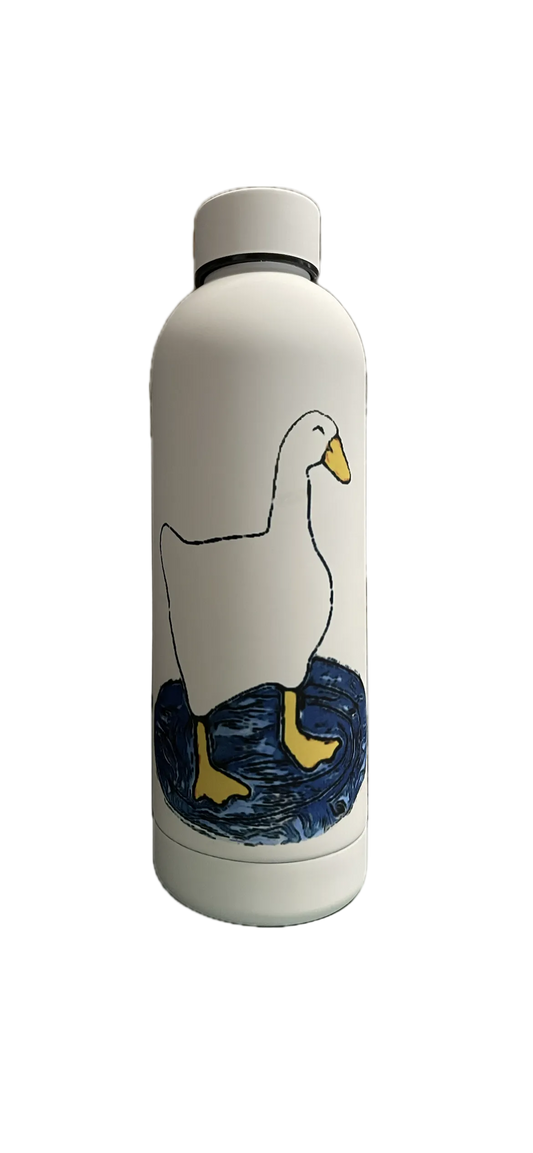 White water bottle with a goose in a puddle design on a white background