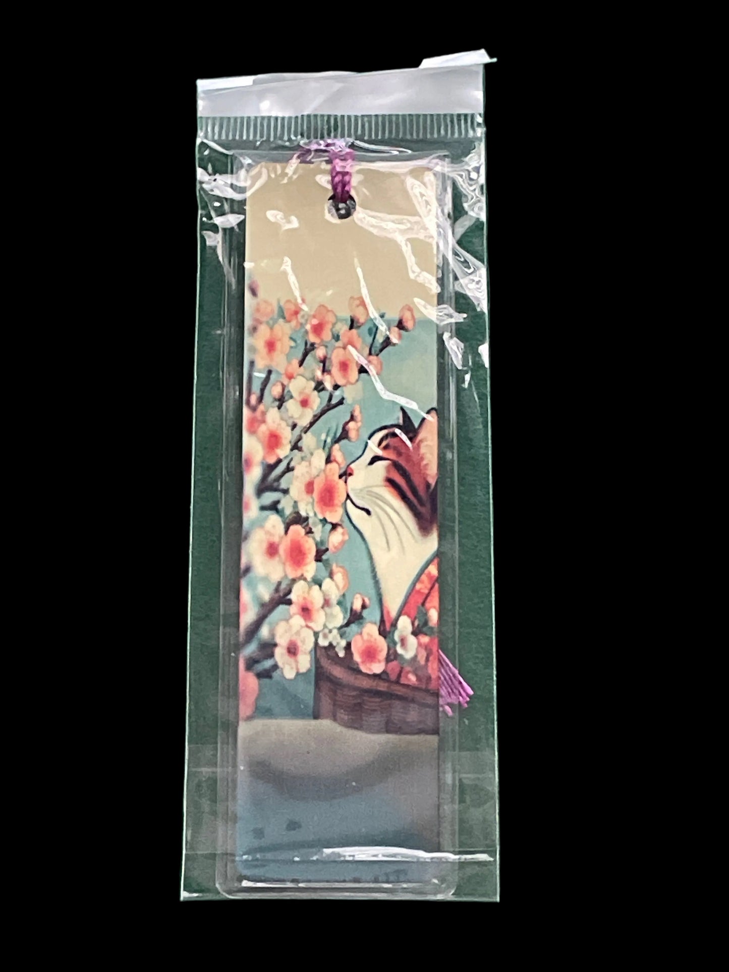 Cat & Flowers Aluminum Bookmark with Purple Tassel