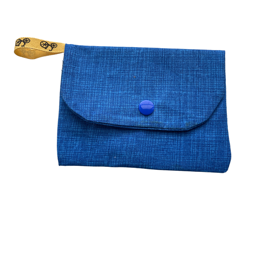 Blue fabric pouch with a button closure on a white background