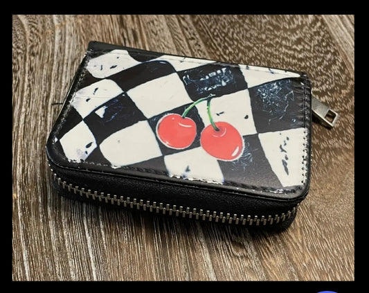 Cherries Checker Flag Cherry Black Coin Purse Wallet With Wrist Strap