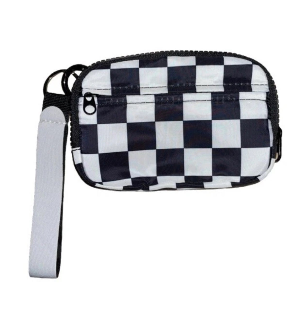 Black Checker Zippered ID Window Wallet with Wrist Strap