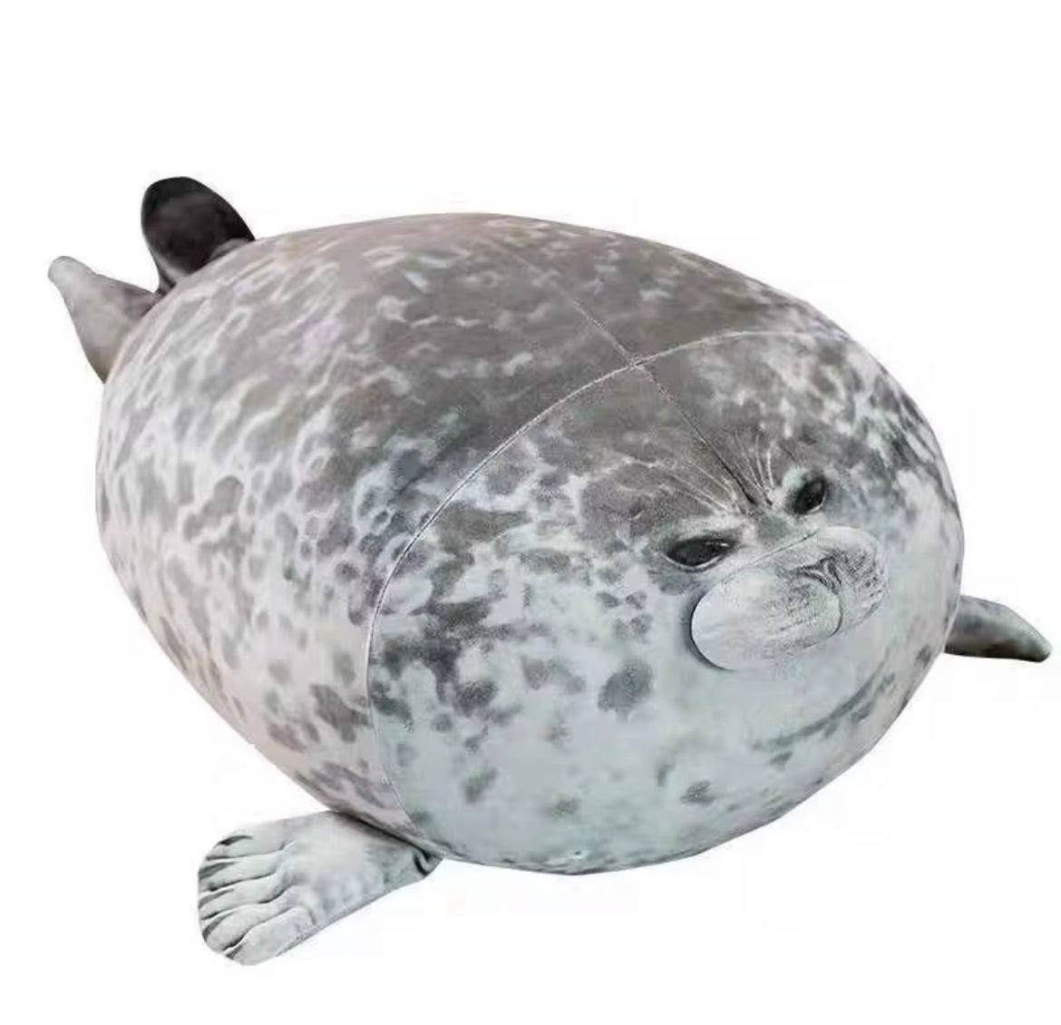 Plush toy shaped like a seal on a white background
