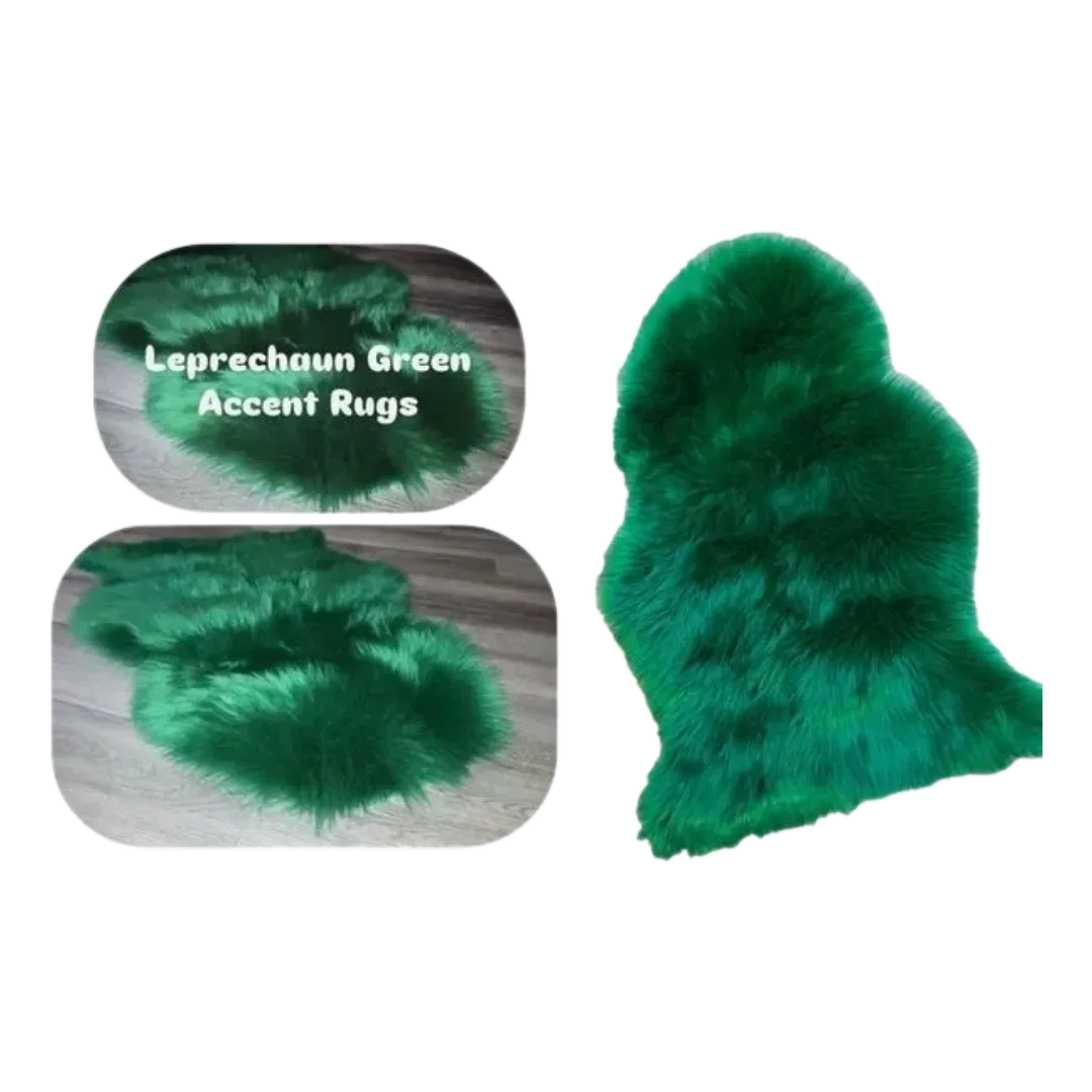 Green fuzzy rug with 'Leprechaun Green Accent Rugs' text on a white background