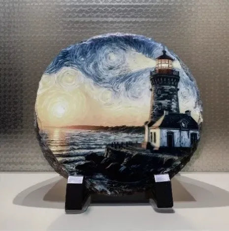 Ocean Boxes Lighthouse Round Slate Artwork - 6 Inch Diameter - Includes Plastic Stands