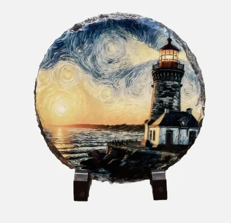 Ocean Boxes Lighthouse Round Slate Artwork - 6 Inch Diameter - Includes Plastic Stands