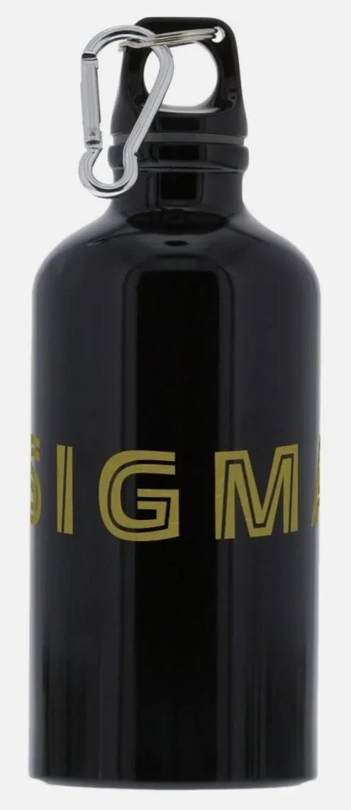 Black water bottle with gold 'SIGMA' branding and carabiner on a white background