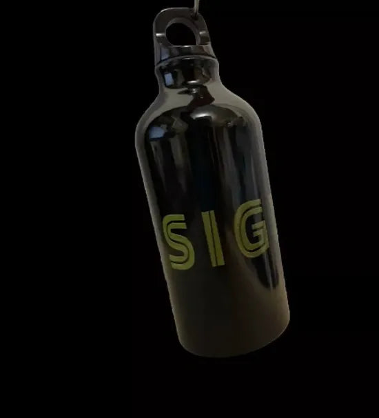 Black water bottle with 'SIGMA' logo on a black background