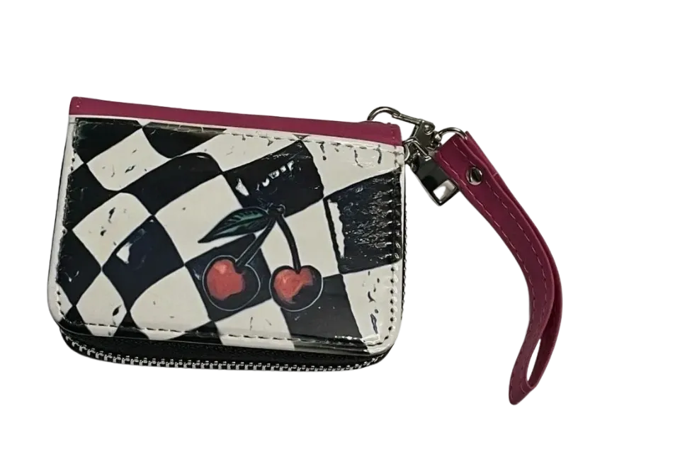 Pink Faux Leather Cherry Checkered Flag Wristlet Wallet