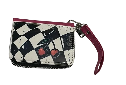 Pink Faux Leather Cherry Checkered Flag Wristlet Wallet