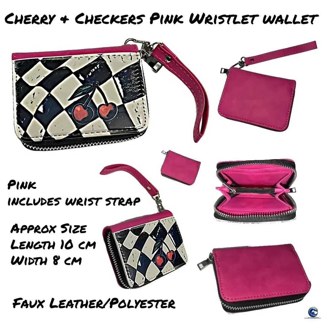 Pink Faux Leather Cherry Checkered Flag Wristlet Wallet
