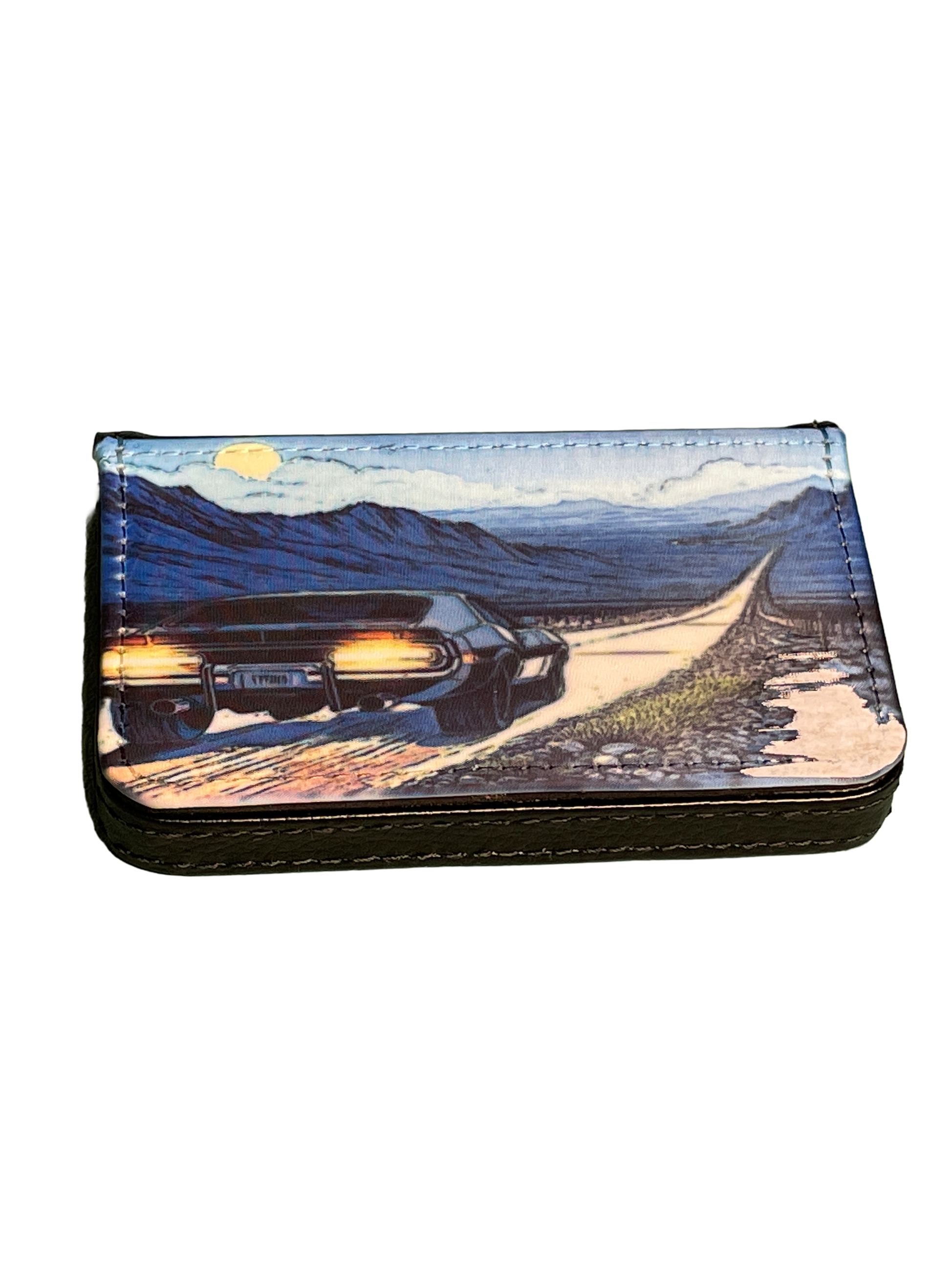 Card holder wallet with a scenic design of a car on a road.