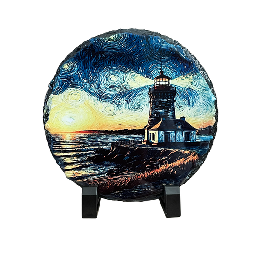 Tableau rond en ardoise représentant un phare - 15 cm de diamètre - Supports en plastique inclus