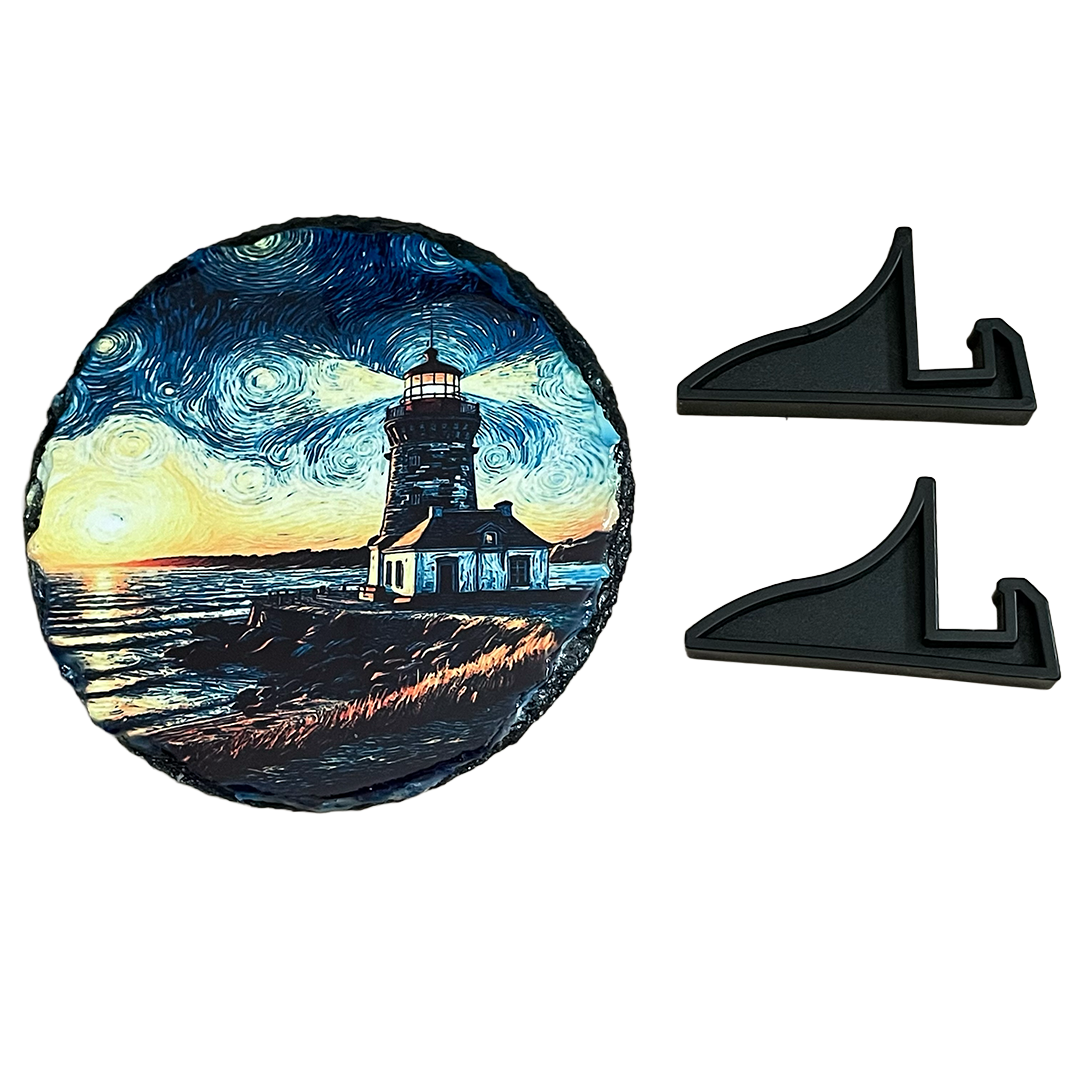 Lighthouse Round Slate Artwork - 6 Inch Diameter - Includes Plastic Stands