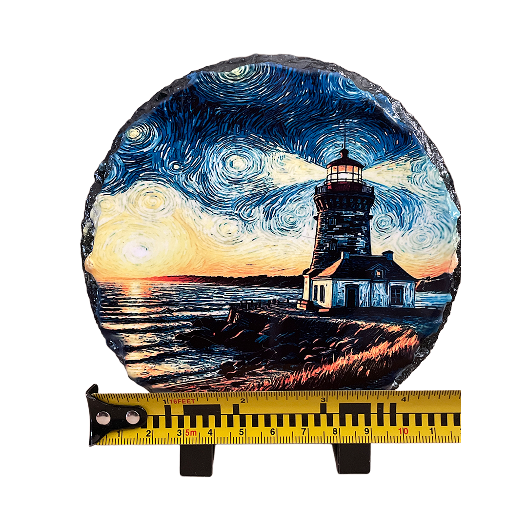 Lighthouse Round Slate Artwork - 6 Inch Diameter - Includes Plastic Stands