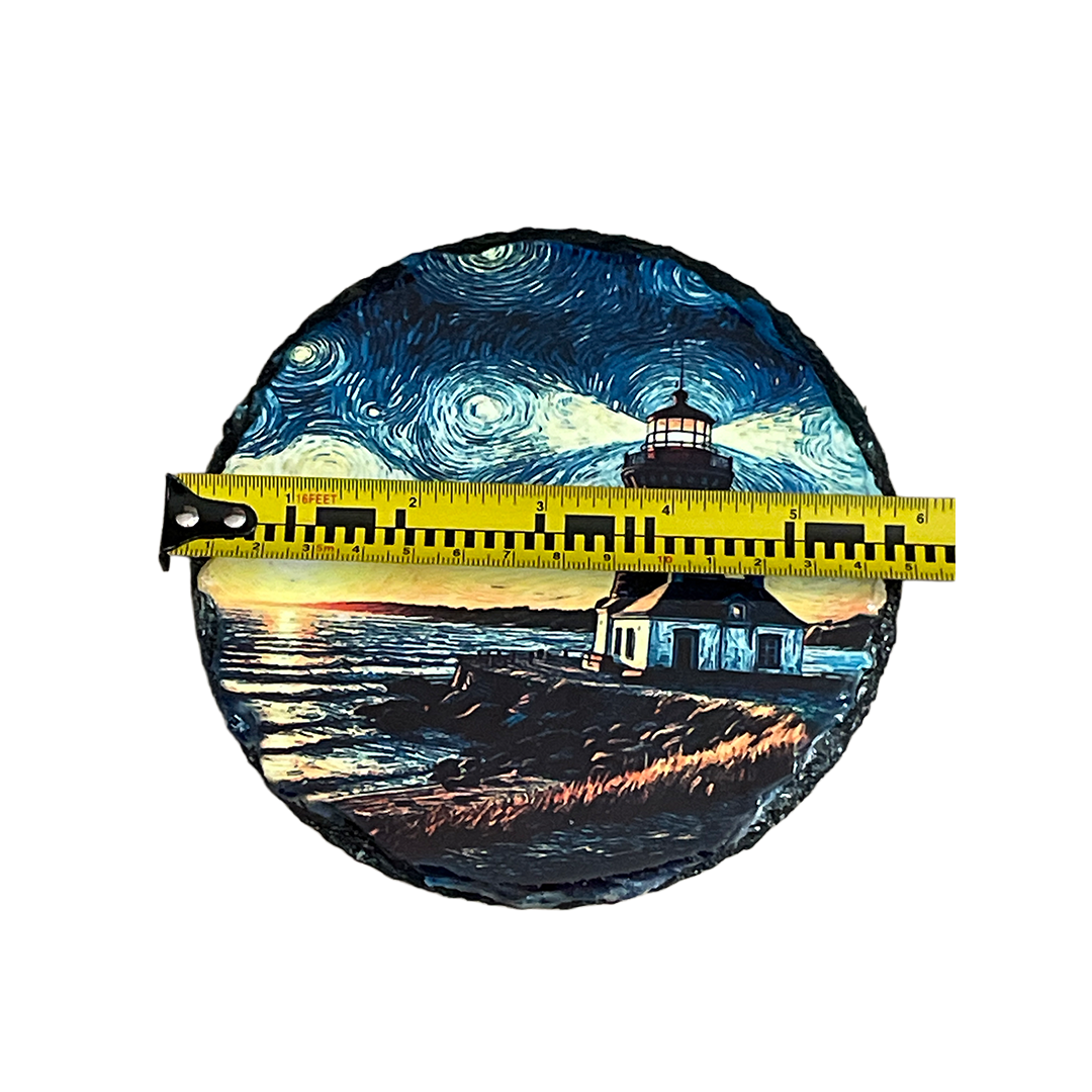 Lighthouse Round Slate Artwork - 6 Inch Diameter - Includes Plastic Stands