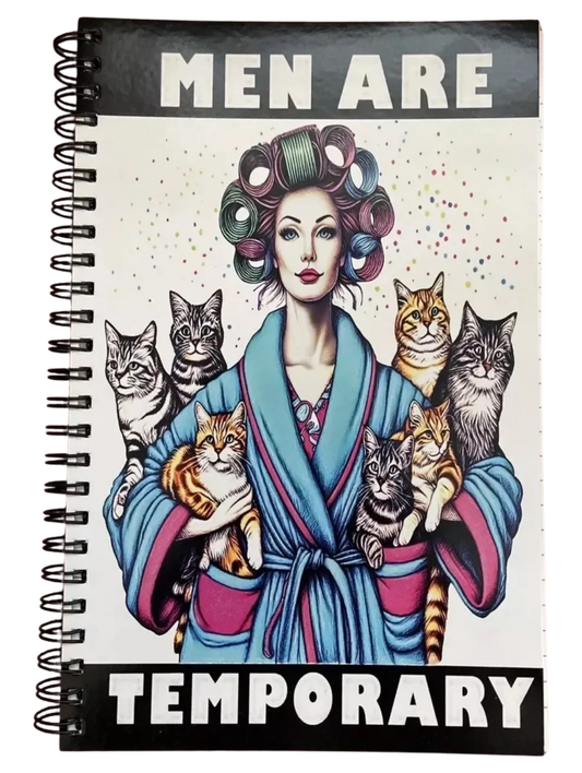Notebook with a woman holding cats and text 'MEN ARE TEMPORARY' on a white background