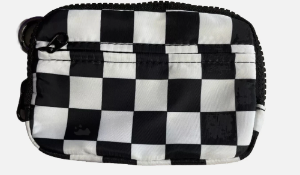 Black and white checkered pouch on a white background