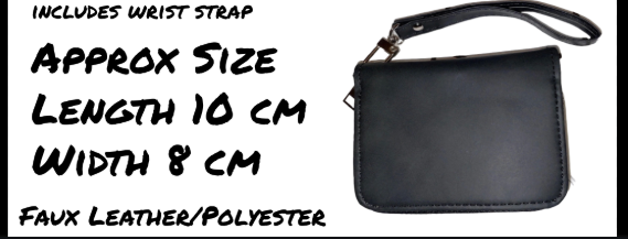Black wristlet with text detailing size and material on a white background