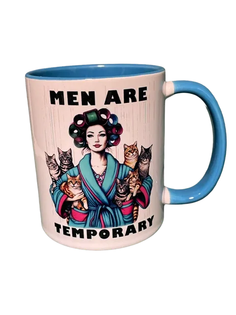 Mug with a design of a woman with curlers and cats, and text 'Men are temporary' on a pink background.