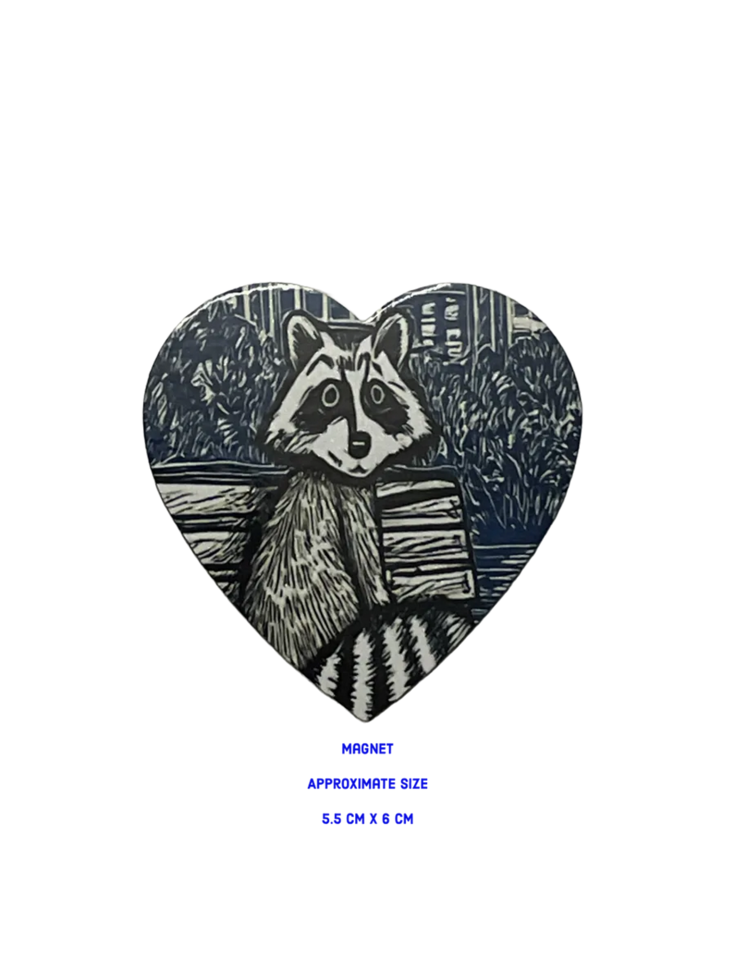 Heart-shaped magnet with a raccoon design on a bench 5.5 cm x 6 cm