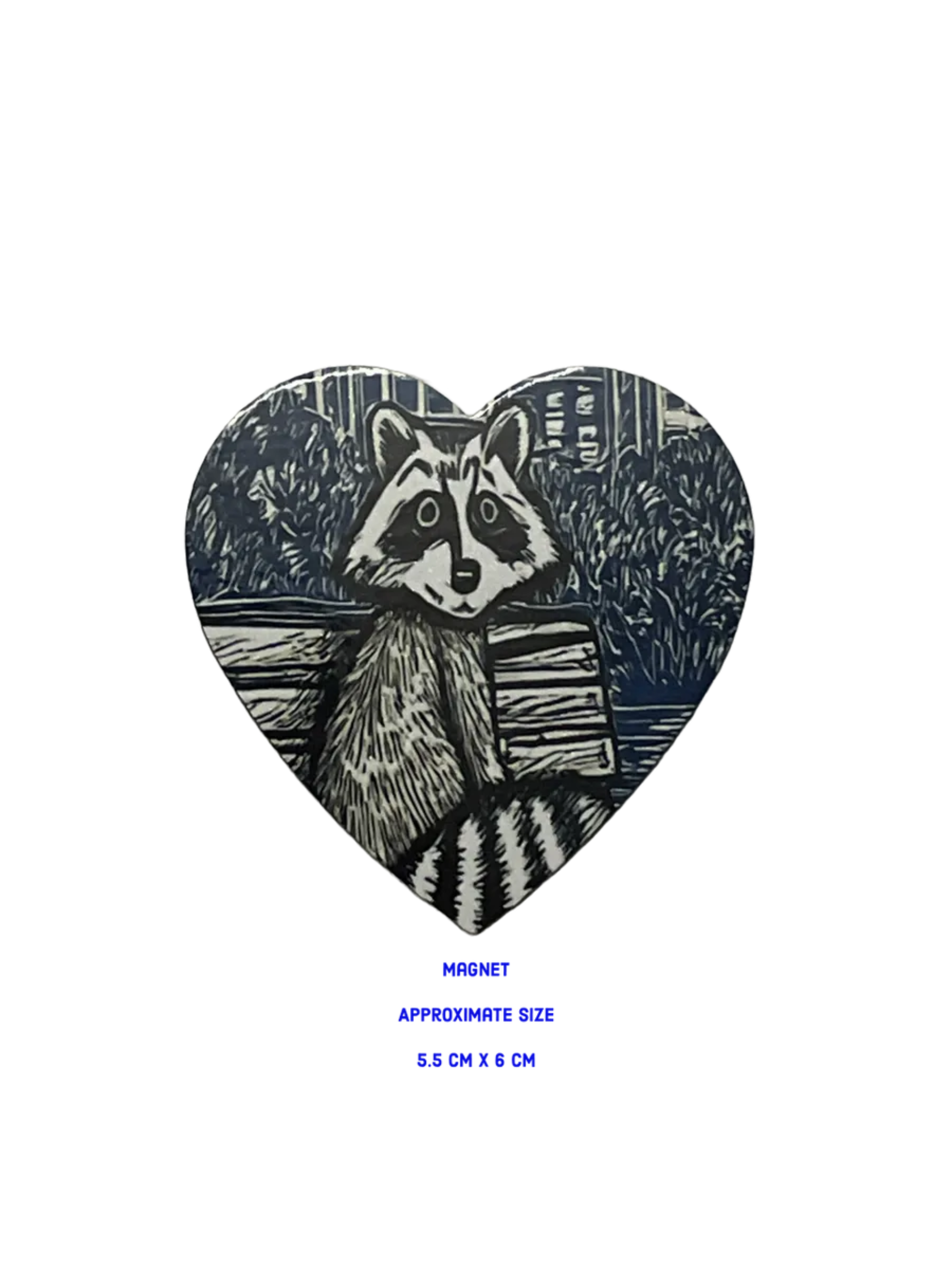 Heart-shaped magnet with a raccoon design on a bench 5.5 cm x 6 cm