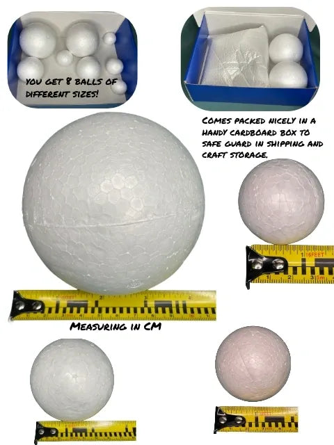White spherical objects with measurements and packaging details on a white background