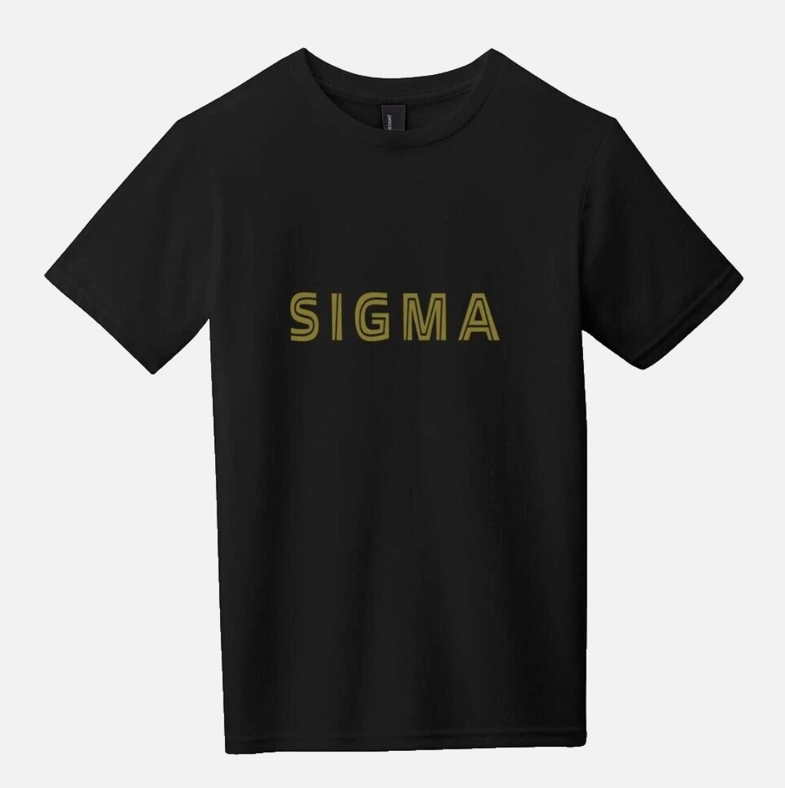Black t-shirt with 'SIGMA' printed in gold on a white background