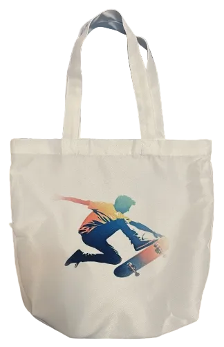Tote bag with a colorful graphic of a person on a skateboard 
