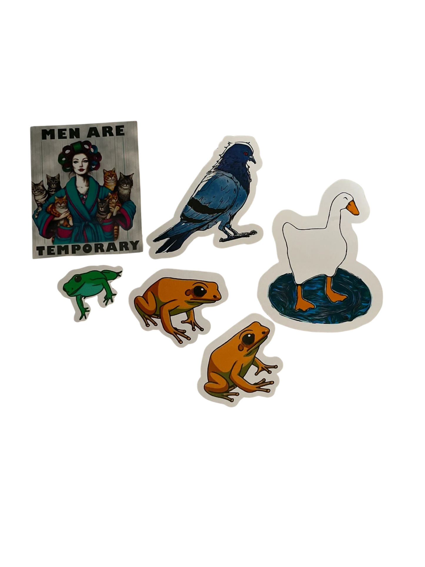 Set of stickers featuring a woman with cats, a pigeon, a duck, and two frogs on a white background.